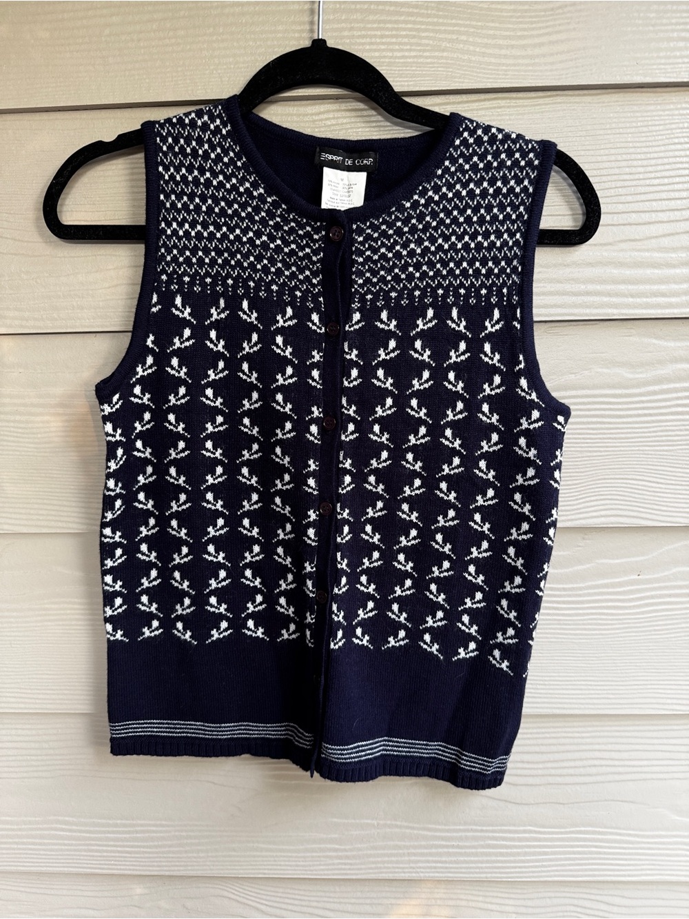 Vintage Esprit De Corp M Wool Blend Sweater Vest Navy Fair Isle Floral Button Y2